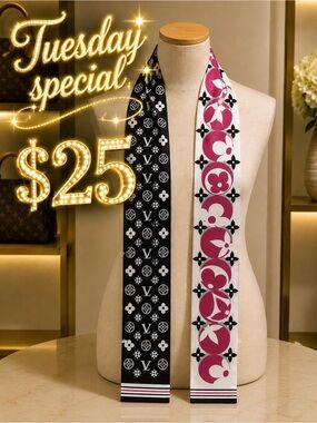 Designer-Inspired Black & Pink Patterned Silk Scarf/ bag/ Tiea Double sided